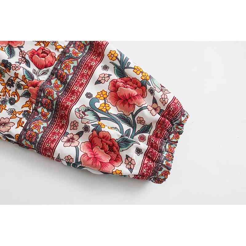 3 colors Bohemian Floral Print Pullover Shirt Ethnic Women Bow Lace Up Wood ears Collar Long Sleeve Blouse Tops 210429