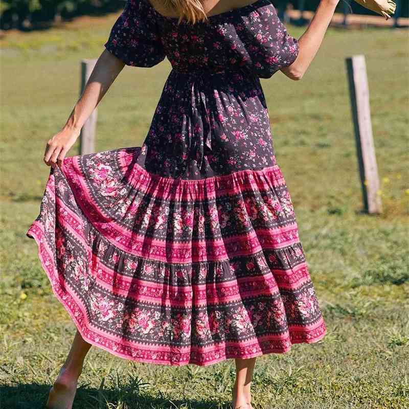 Bohemian Bandage Adjust Slash Collar Floral print Dress BOHO Holiday Woman Short Sleeve off Shoulder Long Dresses 210429