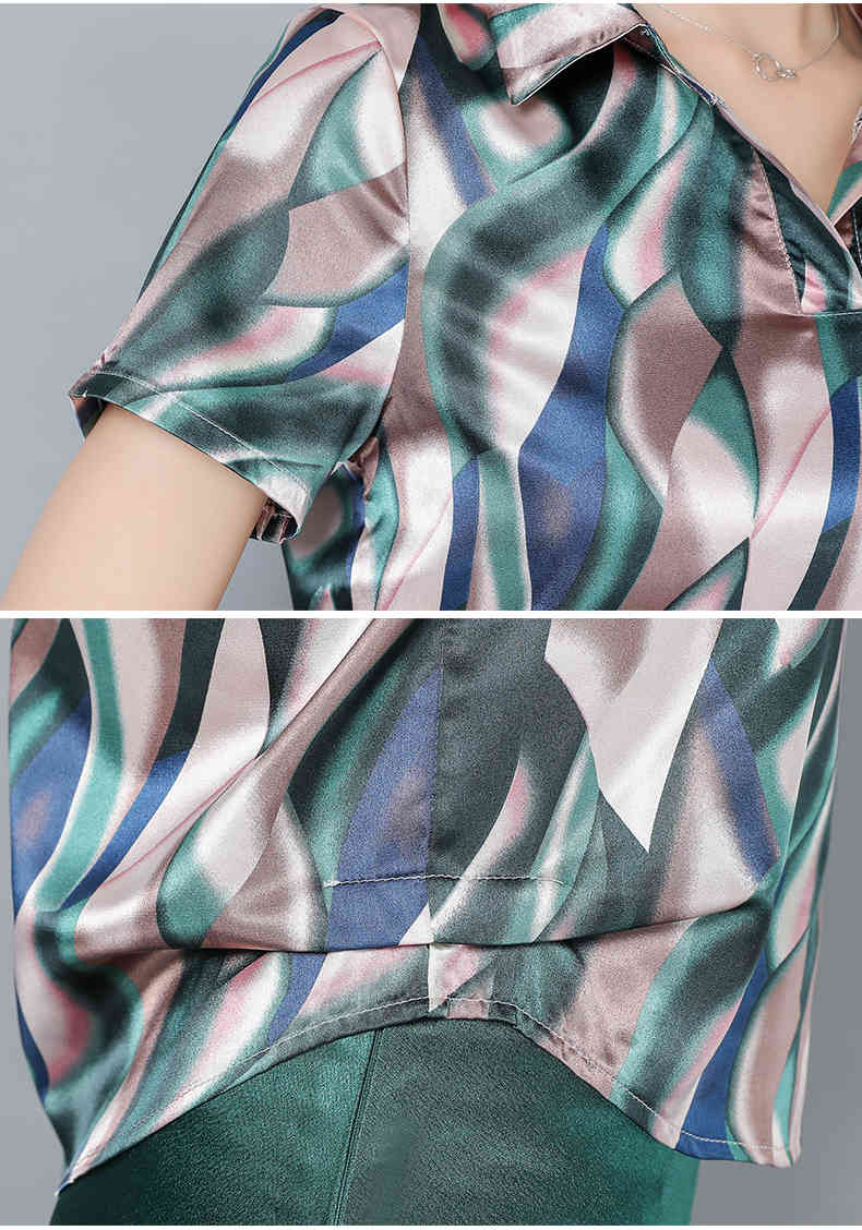 Fashion Print Shirt Plus Size Women Clothes Summer Short Sleeve Office Lady Tops Satin Blouse Blusas 9230 50 210506