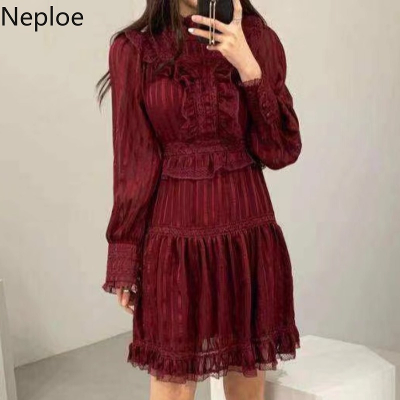 Neploe Dresses for Women Lace Ruffles Patchwork A-Line Dress Stand Neck Long Sleeve High Waist Slim Red Sweet Vestidos Mujer 210422