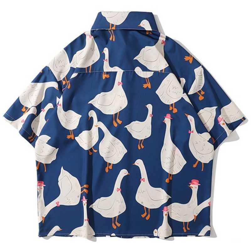 Summer Streetwear Shirts Men Short Sleeve Funny Goose Full Printed Hawaiian Beach Shirt Hip Hop Harajuku Korean Fashion 210721