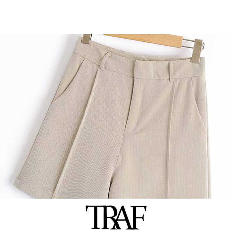TRAF Women Chic Fashion Office Wear Side Pockets Shorts Vintage High Waist Zipper Fly Female Short Pants Mujer 210714