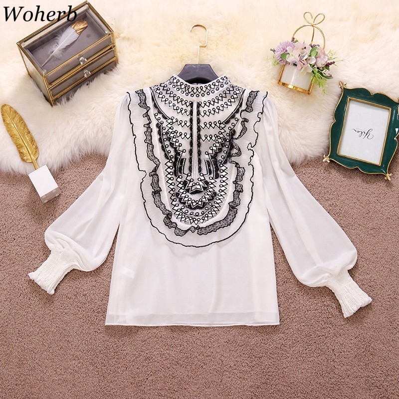 Blouse Women Spring O Neck Ruffled Chiffon Shirt Embroidery Lace Gauze Lantern Sleeve Tops Slim Fit Pullover Chic 210519