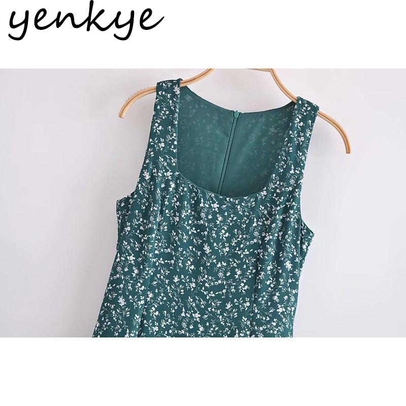 Vintage Floral Print Tank Summer Dress Women Square Neck Sleeveless A-line Midi Chiffon Female Prairie Chic Robe 210430
