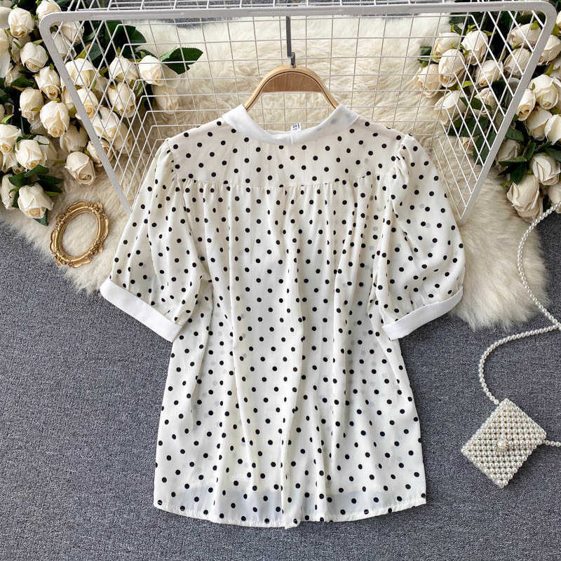 French Style Women's Blouse Summer Short Sleeve V-neck Casual Femle Top Vintage Polka Dot Print Single Breasted Chic Shirt Tops 210603