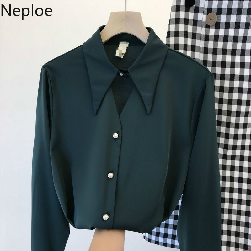 Neploe Chiffon Hollow Out Women Blouses Spring 2021 Turn Down Collar Single Breasted Shirt Solid Beading Long Sleeve Tops 49734 210317
