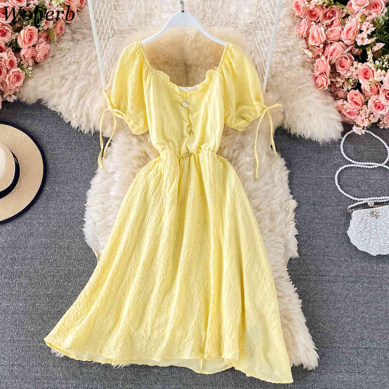 Sweet Dress Women Summer V-neck Slim Waist A-line Vestidos Pleated Puff Sleeve Lace-up Dresses Vintage Robe 4i831 210519