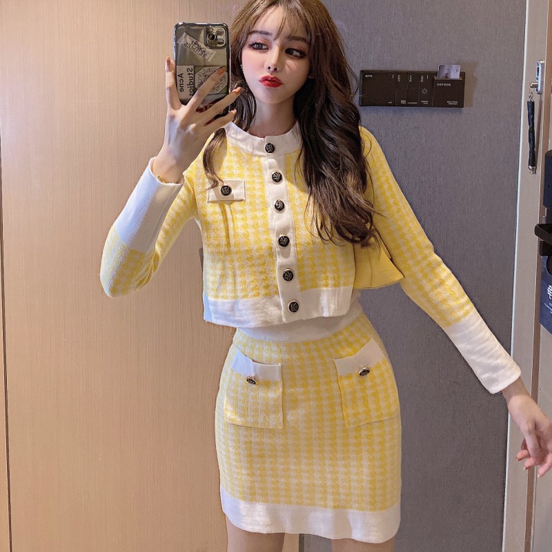 Spring Yellow Plaid Single-breastedKnitted Sweaters Women Two Piece Set Short Cardigan Top + Mini Skirt Suit Outfits 210519