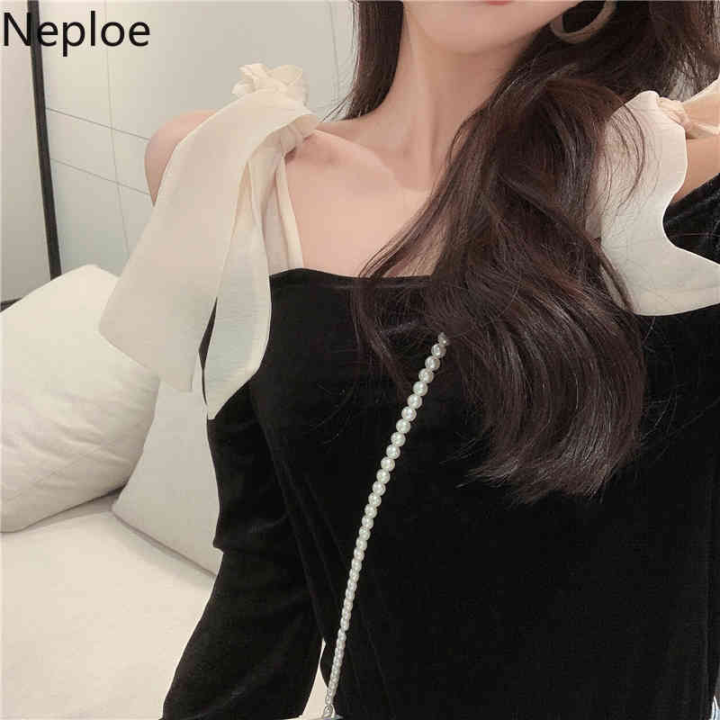 Neploe Sexy Shirt Slash Neck Off Shoulder Velvet Blouse Women Vintage Bow Lace Up Slim Blusas Fashion Long Sleeve Fashion Top 210422