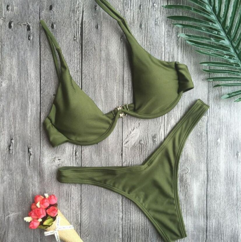 Beach Set Sexy Ladies Back Push Up V-bar Underwire Bikini Bra Swimwear Swim Women Suit Swimsuit Beachwear 2 pieces set 210429