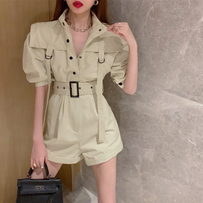Summer Fashion Romper Women Casual Single-Breasted playsuits Ladies Elegant Belt Short Jumpsuit Overalls 210519