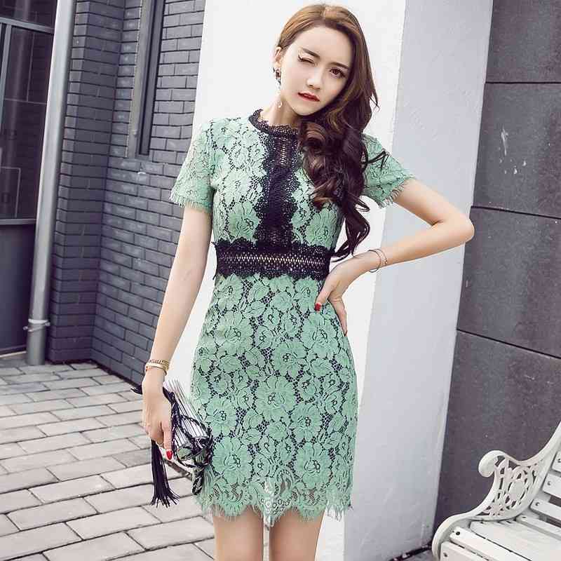 White Patchwork Lace Dress Women Party es female vestidos Elegant Ladies Bodycon short Sleeve Mini 210519