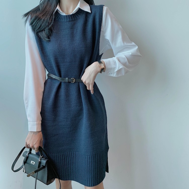 Autumn Winter long Knitted Women Sweaters vest Pullover Sleeveless Warm Casual Solid Dresses Vestido with belt 210519