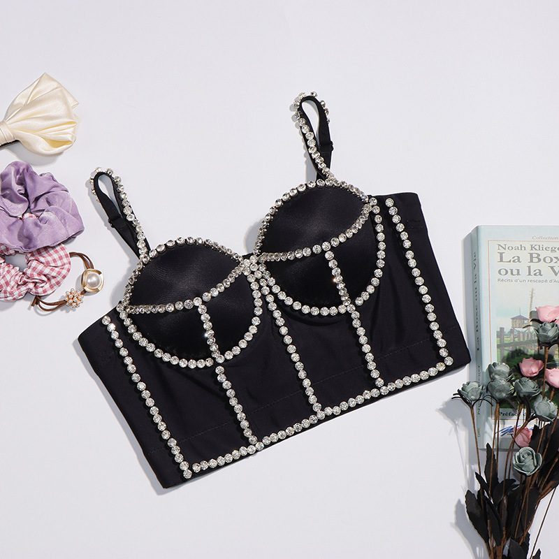 Fashion Spaghetti Strap Cropped Tops Vintage Backless Black Cami Top Party Club Celebrity Vest Caims Beading Bra 210515