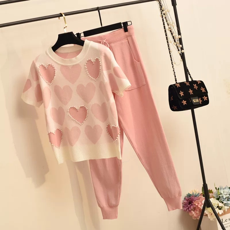 arrival Beaded Heart Shape Short-sleeved Sweater + Elastic waist Pants Women Sweet 2pcs Suit Ladies Summer Clothing Set 210518, Blue
arrival Beaded Heart Shape Short-sleeved Sweater + Elastic waist Pants Women Sweet 2pcs Suit Ladies Summer Clothing Set 210518, Blue