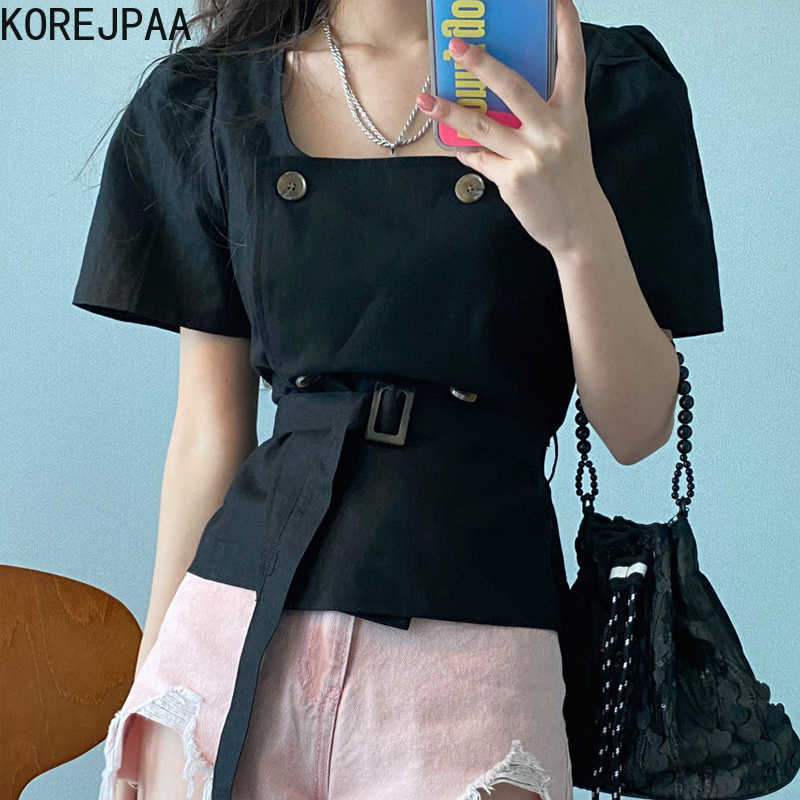 Korejpaa Women Shirt Summer Korean Chic Simple Versatile Slimming Square-Collar Leaky Collarbone Double-Breasted Blouses 210526, Black
Korejpaa Women Shirt Summer Korean Chic Simple Versatile Slimming Square-Collar Leaky Collarbone Double-Breasted Blouses 210526, Black