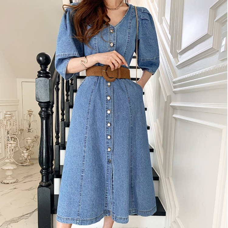Women Dress Korea Retro Temperament Denim V-Neck Single-Breasted Slim Waist Puff Sleeve Chic Long With Belt Vestido 210519