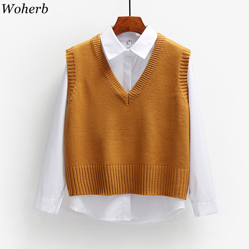 Sweater Vest Women Korean Fashion Knitted Pullovers Tops Preppy Style Short Loose Knitwear Tank Coat Female 210519