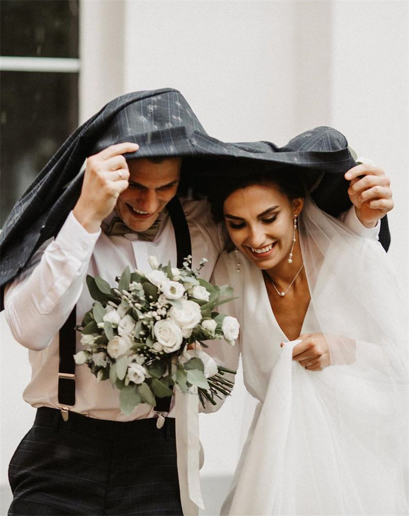 Simple A Line Chiffon Wedding Dress V Neck Long Sleeves Bohemian Bridal Dresses Elegant Robe de mariee With Free Veil Free shipping