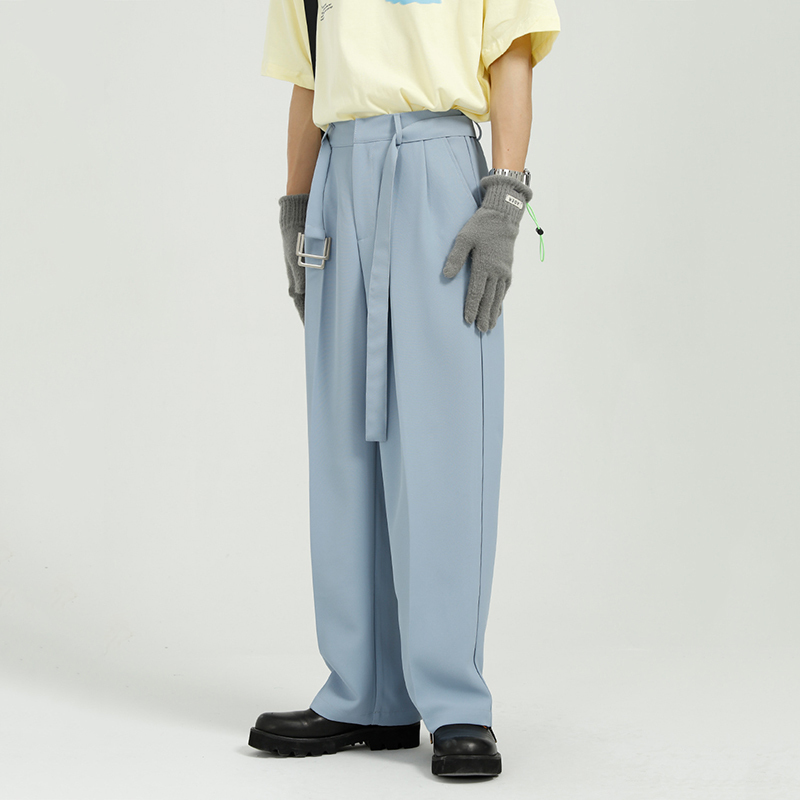 IEFB Men's Clothing Spring Summer Korean Loose Suit Pants Trend Blue Wide Leg Business Trousers With Belt Back Elastic 210524