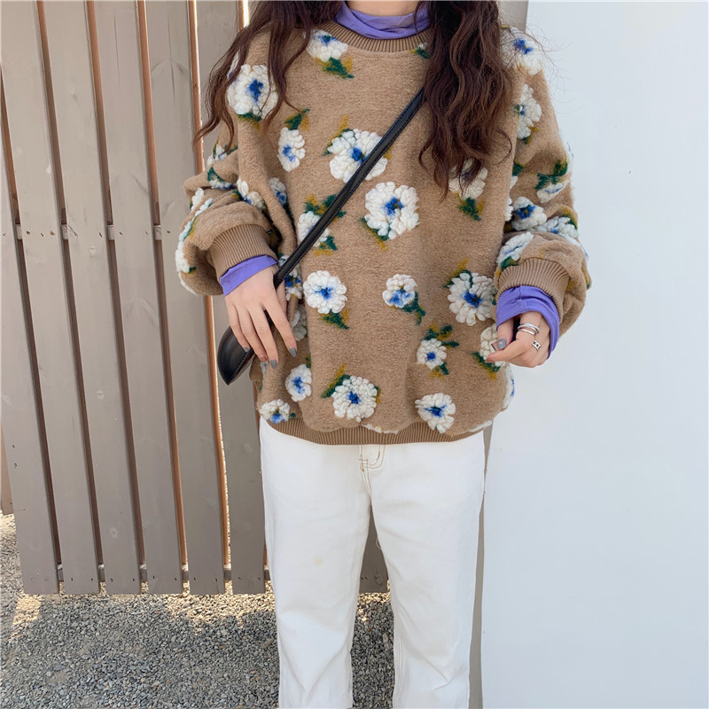 Nomikuma Korean 3D Floral Pullover Sweatshirt Causal Long Sleeve O-neck Hoodies Autumn Winter Women Top Jumper 6D156 210427