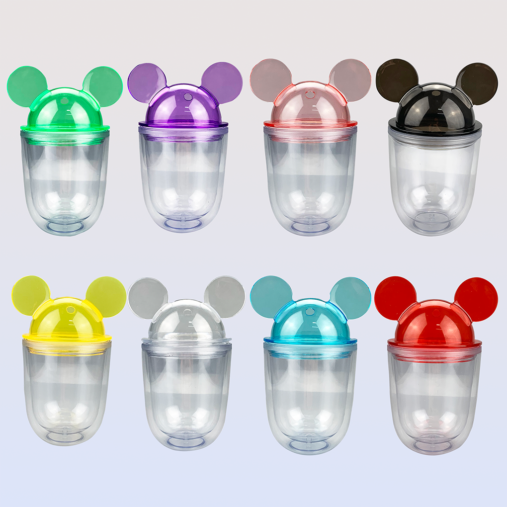 9 Colors! Small 12oz Acrylic Mouse Ear Tumblers with Straw Clear Plastic Dome Lid Tumbler for Kids Children Parties Double Walled Cute Cartoon Water B