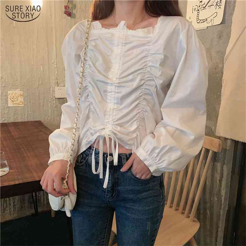 Korean Fashion Clothing Elastic Pleated Solid Drawstring Spring Blouse Blusas Mujer De Moda Puff Sleeve White Shirts 10118 210506
