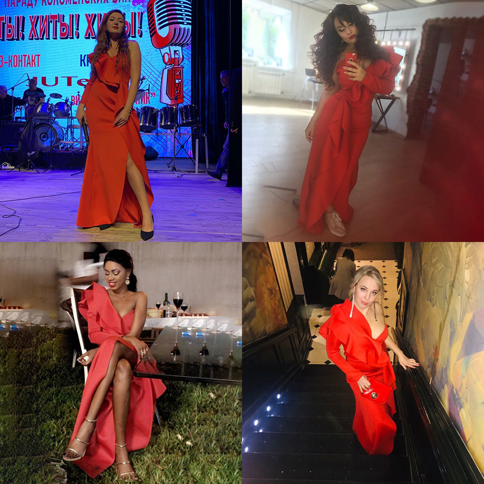 Free Elegant Party Dress Sexy Evening Women Long es One Shoulder Bodycon Split Female Ruffles Maxi Red 210524