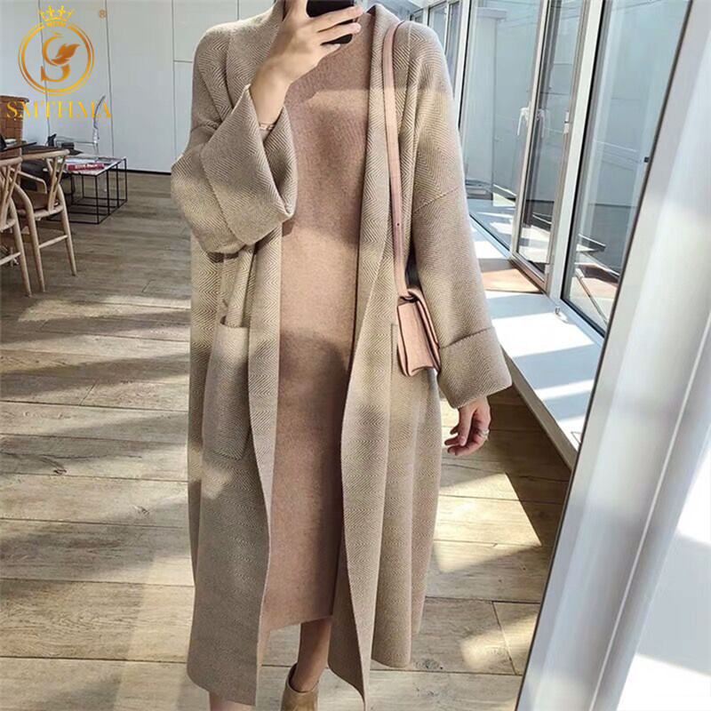 Autumn Winter Women's Loose Sweaters Korean Chic Style Casual Long Cashmere Knitted Cardigans Coat 210520