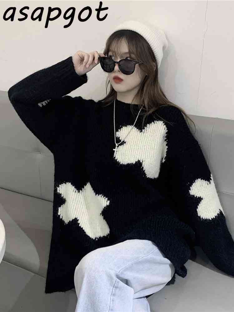 Winter Thick Knitted Tops Loose Long O Neck White Clouds Pullovers Sweater Women Fashion Casual 3style Pull Femme Preppy Japan 210429