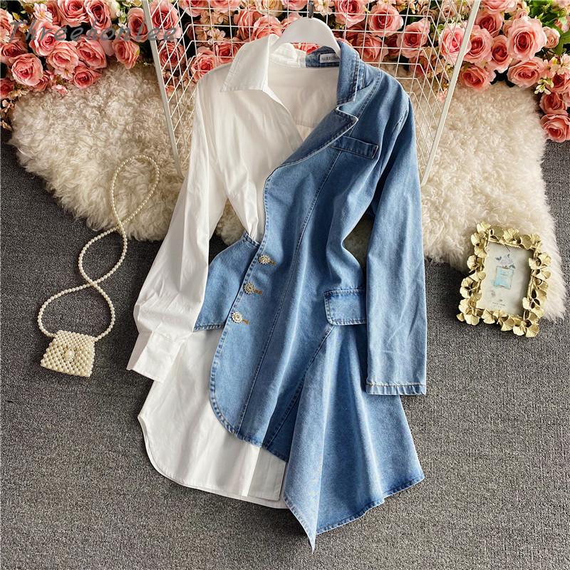 Casual Dresses 2021 Spring Women's Fashion Irregular Denim Patchwork Long-Sleeved Shirt Dress White And Blue Temperament
Casual Dresses 2021 Spring Women's Fashion Irregular Denim Patchwork Long-Sleeved Shirt Dress White And Blue Temperament