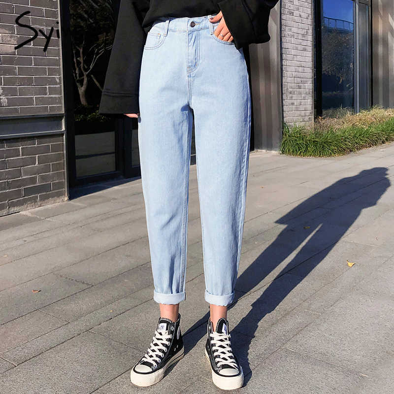 Syiwidii 4 Color Mom Jeans Woman Elastic Waist High Wais Denim Pants Boyfriend for Women Washed Cotton Fashion 210922