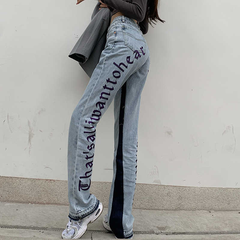 European Spring Autumn Denim Back Letters Embroidery Thin Loose Highwaisted Jeans Straight Pants Women Fashion Streetwear 210922