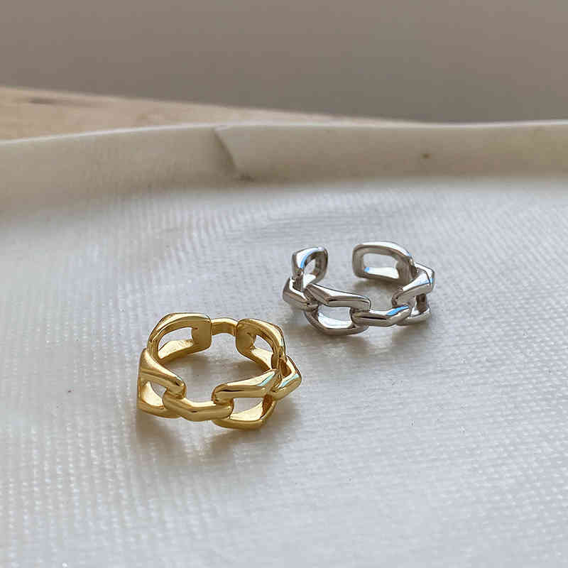 WANTME Genuine 925 Sterling Silver 18k Gold Punk Hip Hop Link Chain Open Ring for Fashion Women Rock Men Party Jewelry 210507