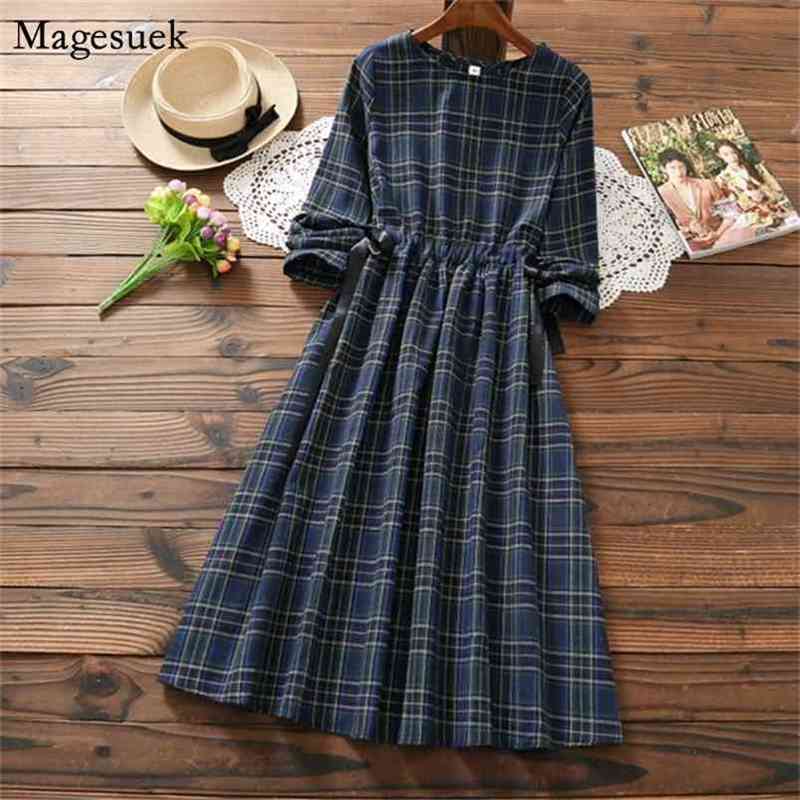 Loose Plus Size Dress Spring Long Sleece Vintage Plaid Woman Party Mdi-Calf O-Neck Casual Ladies es Robes 7630 210512