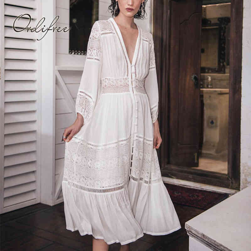 White Lace Boho Maxi Dress For Women, Summer Long Sleeve Beach Sundress, Casual Holiday A-E Tunic Dress, Polyester