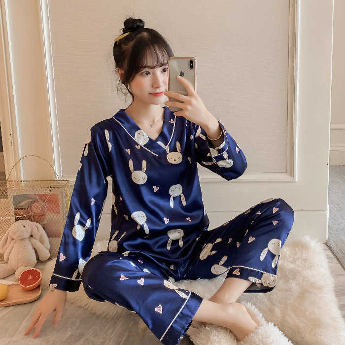 Pajamas Set Women's Silk V-neck Long-sleeved Summer and Autumn Ice Silk Ladies Home Service Suit Satin Nightwear Cartoon Pajamas 211007