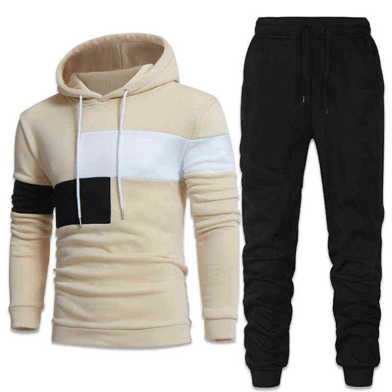 Personality Patchwork Men Tracksuits Hoodies Suits Men Hoodies+Pants Two Piece Set Autumn Winter Warm Hooded Pullover Suits 211109