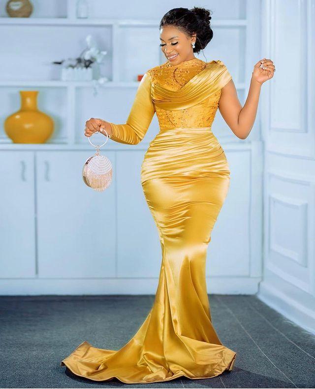 Plus Size Arabic Aso Ebi Yellow Mermaid Sexy Prom Dresses Lace Long Sleeve Satin High Neck African Evening Reception Gown