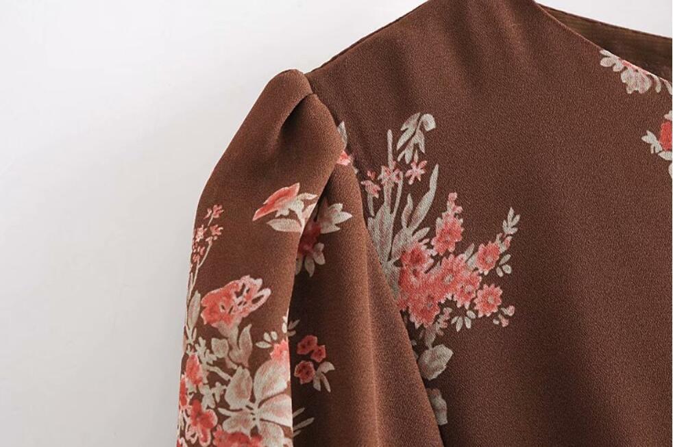 Spring Women BOHO Coffee Flower Print Short Dress Sexy Ladies Spliced Wood ears Ruffle Flare Sleeve Back Slit Dresses 210429