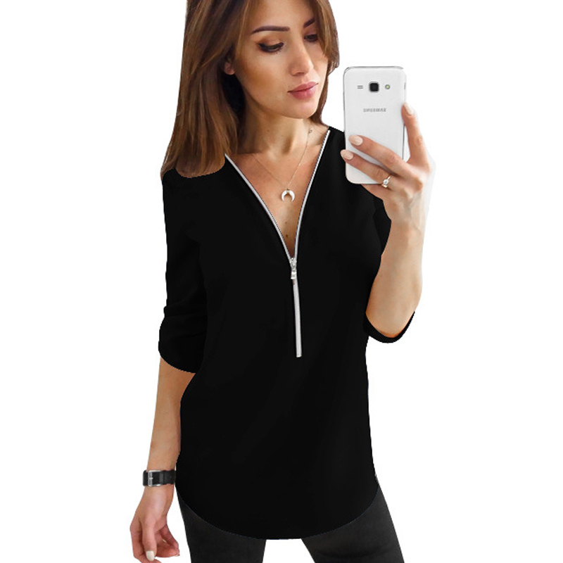 Women Zipper Short Sleeve Shirts Womens Tops And Blouses Sexy V Neck Tee Casual Female Tunic Plus Size 210428