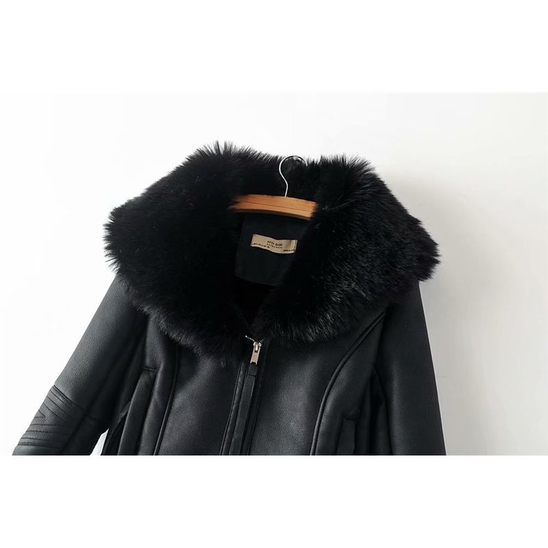 fashion women faux lamb wool fur leather jacket winter streetwear lady black outerwear with soft collar cool female suits 210527