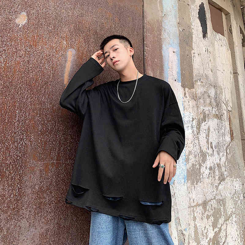 IEFB / men's wear spring solid color pullover long-sleeved T-shirt male loose personality hole all-match tops 9Y1201 210524
