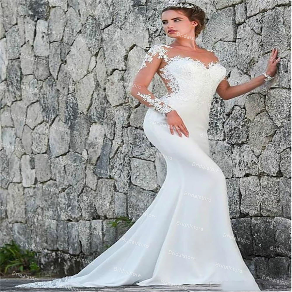 Vintage White Mermaid Wedding Dress With Lace Long Sleeve Sweep Train Satin Summer Beach Bridal Dresses 2021 Illusion Country Bride Robe Mariage Vesti