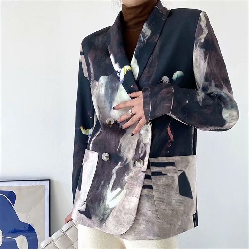 Vintage Women Pocket Print Blazers Fashion Ladies Striped Patchwork Coats Causal Female Chic Double Breasted Jacket 210527