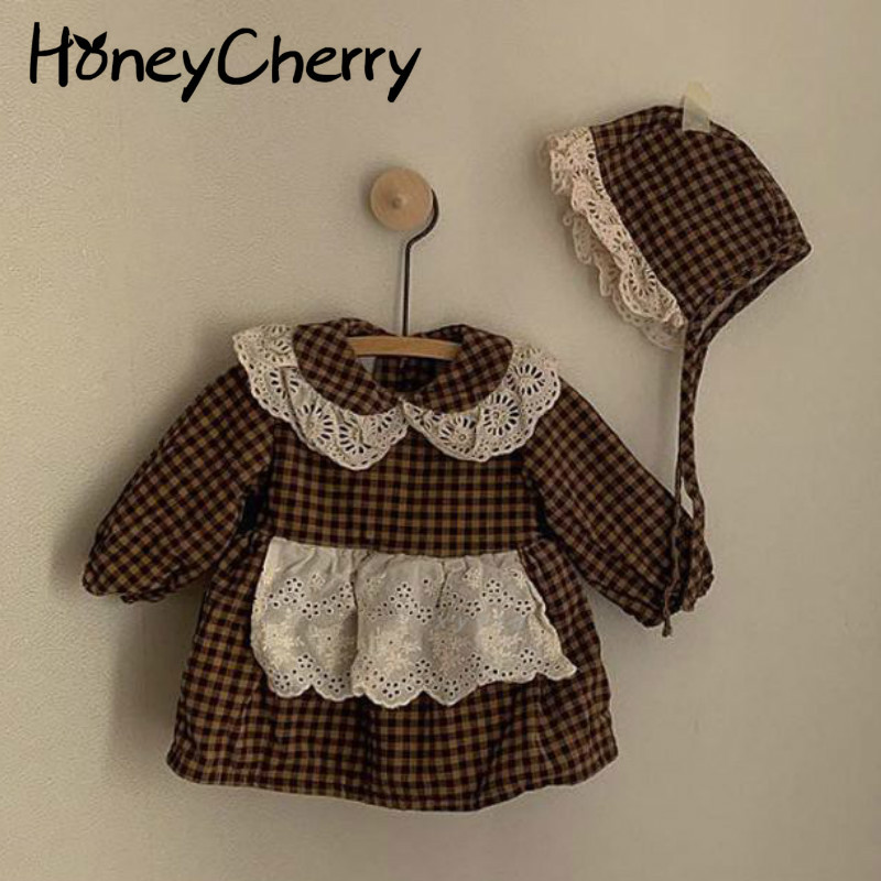 baby girl's lapel bodysuit plaid lace born girl clothes 210515
