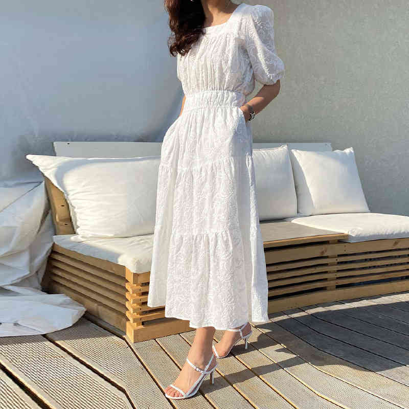 Nomikuma Korean Chic Slim Waist Woman Dress Puff Short Sleeve Square Collar Dresses Fashion Elegant A-line Vestidos Femme 6G343 210427