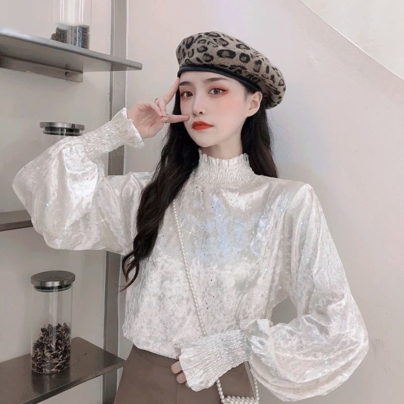 Wonder Spring Retro Style Pleated Puff-sleeve Sequined Blouse French Temperament Turtleneck Shirts 210510