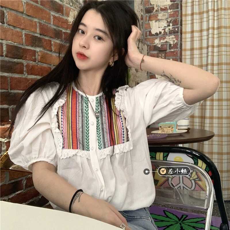Korean Chic Embroideried Blouse Tops Causal Ruffle O-neck Puff Sleeve Shirt Spring Summer Blusas Mujer 6G785 210603