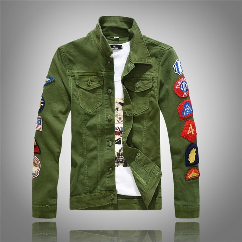 Spring Autumn Fashion Men's patches design slim fit denim jacket White army green patchwork coat Outerwear for man Big